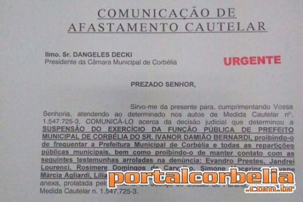 Prefeito de Corbélia , Ivanor Bernardi é afastado do cargo
