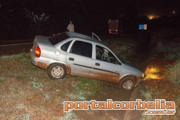 Veículo cai em canaleta após colidir em animal na pista