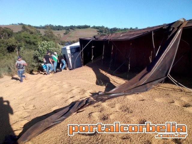 Carreta carregada com grãos tomba na PR573