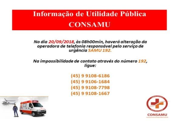 CONSAMU informa possível indisponibilidade temporária no serviço 192