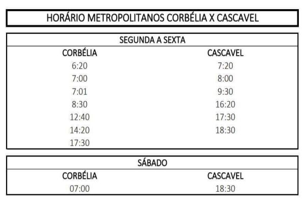 Novos horários de ônibus Corbélia X Cascavel