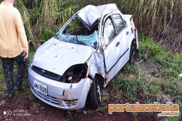 Fiesta capota após atingir poste na pr474