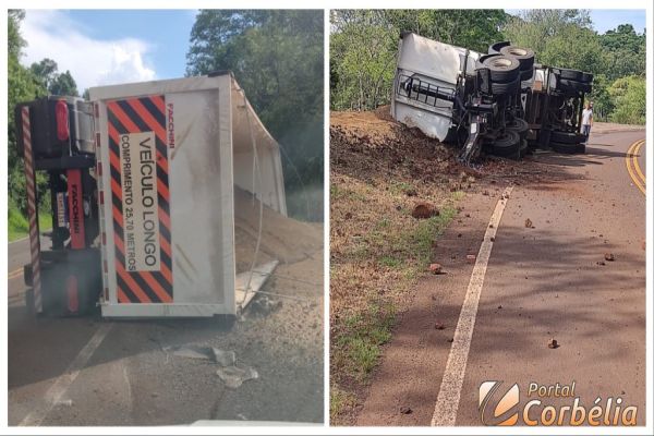 Carreta carregada com grãos tomba na PR573