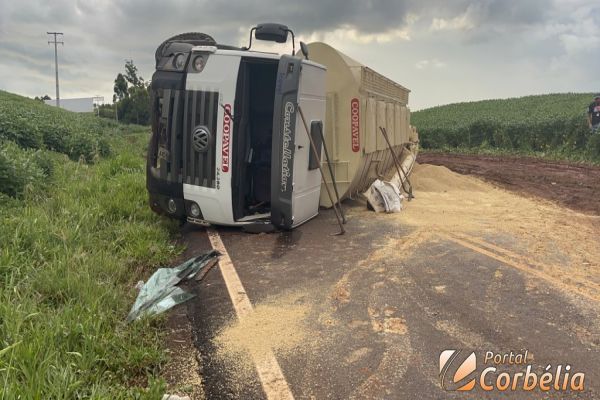 Caminhão tomba e interdita pista na PR573