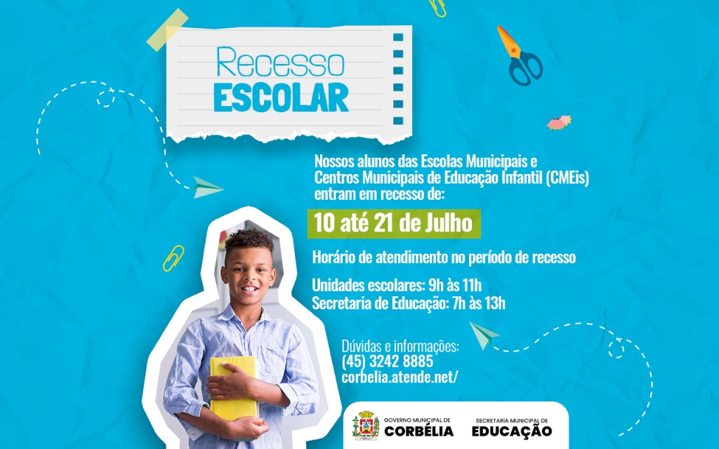 Unidades escolares de Corbélia entram em recesso de 10 a 21 de julho