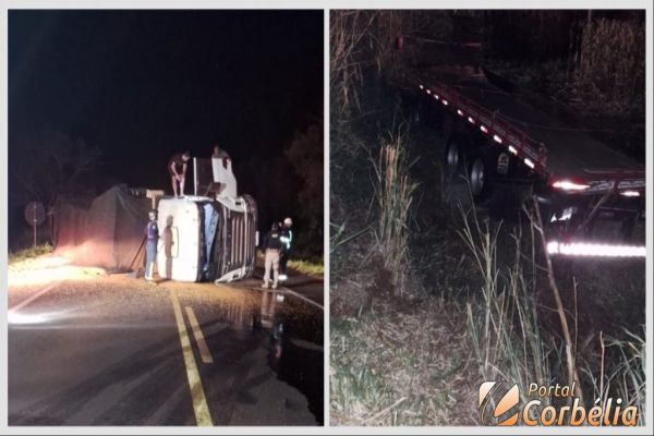 Carreta carregada com soja tomba após colisão na BR-369 entre Cascavel e Corbélia