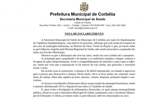 Secretaria Municipal de Saúde emite nota sobre caso suspeito de meningite bacteriana em Distrito