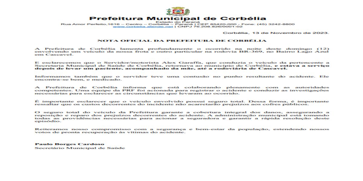 Prefeitura emite nota oficial sobre acidente envolvendo veículo da saúde
