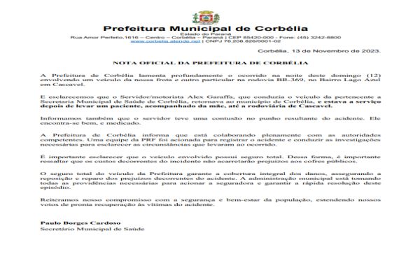 Prefeitura emite nota oficial sobre acidente envolvendo veículo da saúde