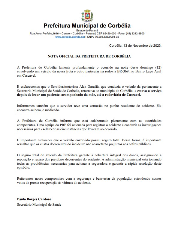 Prefeitura emite nota oficial sobre acidente envolvendo veículo da saúde