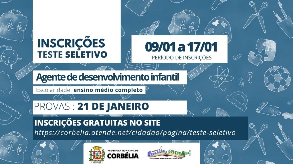 Último dia para inscrições: teste seletivo para agentes de desenvolvimento infantil em escolas integrais