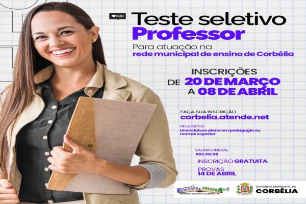 Prefeitura de Corbélia abre inscrições para teste seletivo de professores