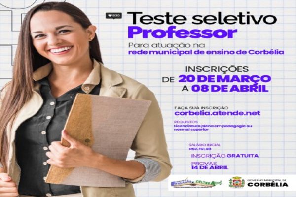 Encerram hoje, 8, inscrições de Teste Seletivo de Professores para rede municipal de Corbélia