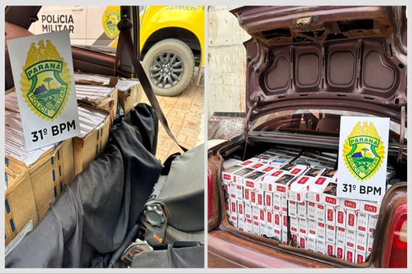 Imagem referente a notícia: Patrulha Rural apreende veículo com carga de cigarros contrabandeados em Cafelândia