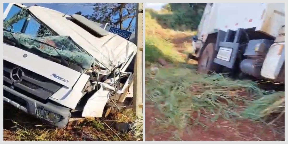 Caminhão de lixo de Corbélia perde controle e atinge poste após desviar de animal na BR-369