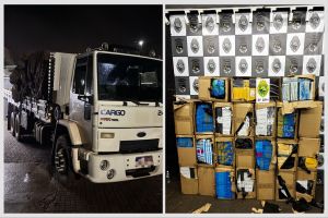 Imagem referente a notícia: Polícia Militar apreende caminhão com 24 caixas de celulares contrabandeados em Corbélia