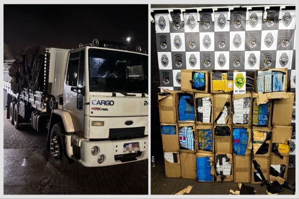 Imagem referente a notícia: Polícia Militar apreende caminhão com 24 caixas de celulares contrabandeados em Corbélia