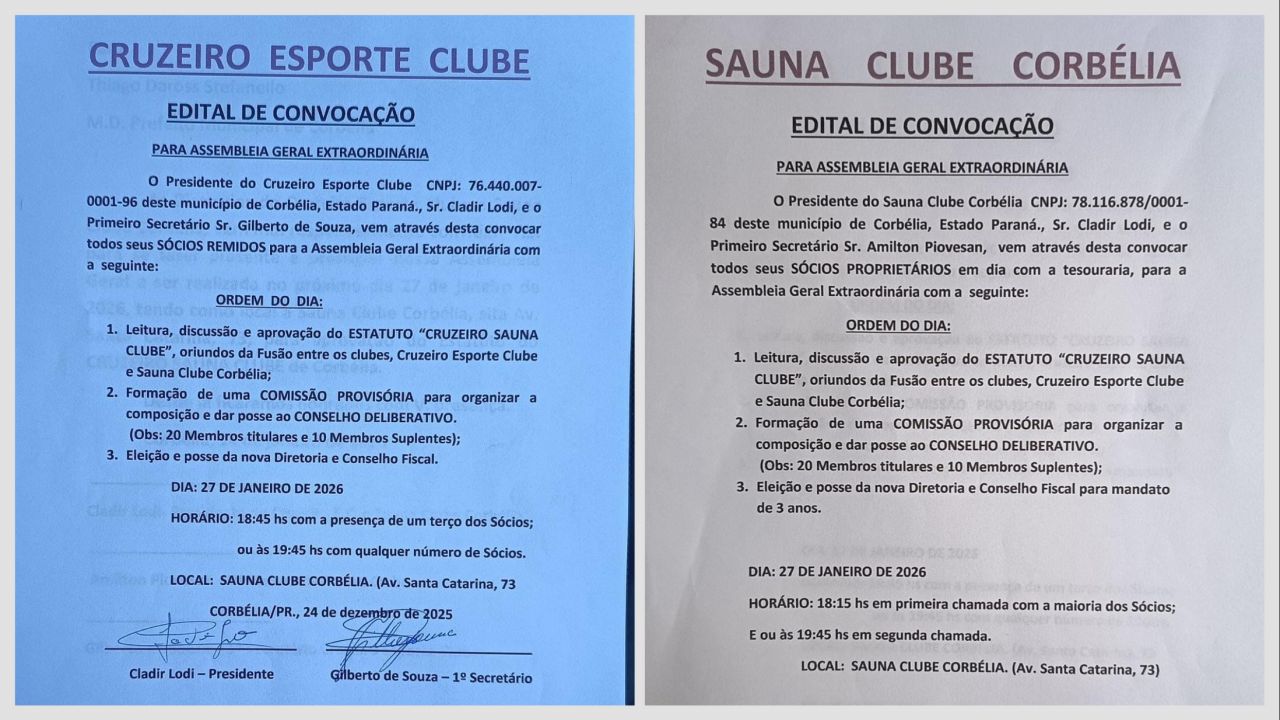 Sauna Clube Corbélia e Cruzeiro Esporte Clube convocam sócios para assembleias que tratarão de fusão e nova diretoria