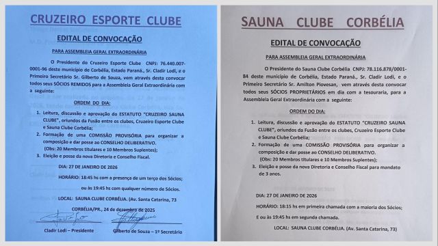 Sauna Clube Corbélia e Cruzeiro Esporte Clube convocam sócios para assembleias que tratarão de fusão e nova diretoria