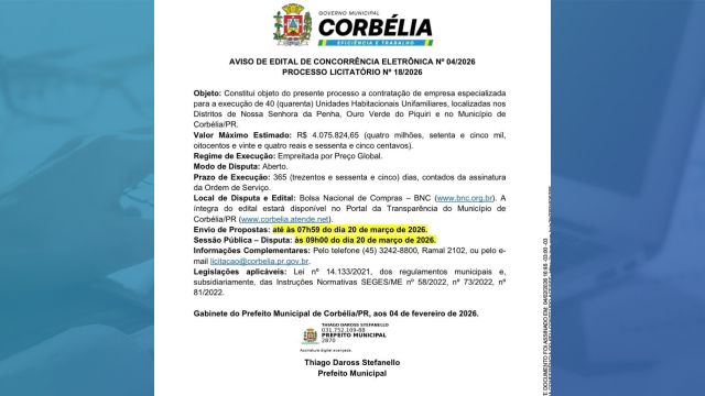 Imagem referente a notícia: Após 15 anos, Corbélia retoma construção de casas populares com investimento de R$ 4 milhões