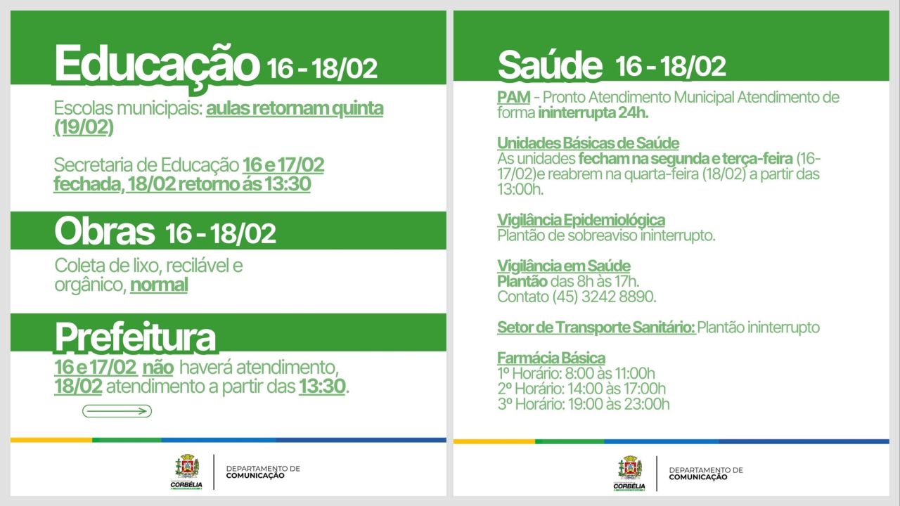 Corbélia define ponto facultativo no Carnaval e divulga funcionamento dos serviços públicos