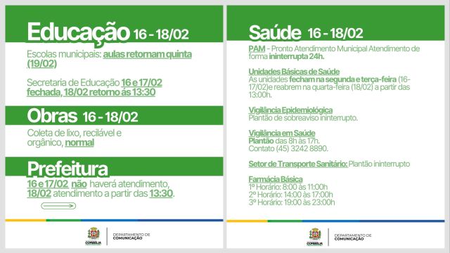 Corbélia define ponto facultativo no Carnaval e divulga funcionamento dos serviços públicos