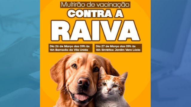 Corbélia realiza mutirão de vacinação contra a raiva para cães e gatos nos dias 26 e 27 de março