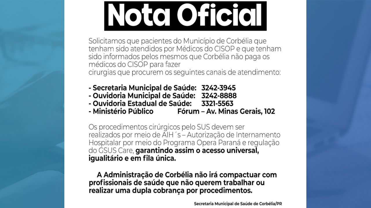 Prefeitura de Corbélia esclarece repasses ao CISOP e reforça regularidade nas cirurgias eletivas