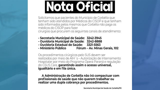 Prefeitura de Corbélia esclarece repasses ao CISOP e reforça regularidade nas cirurgias eletivas