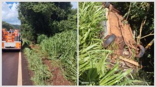 Imagem referente a notícia: Kadett capota na PR-573 entre Corbélia e Braganey e deixa dois feridos