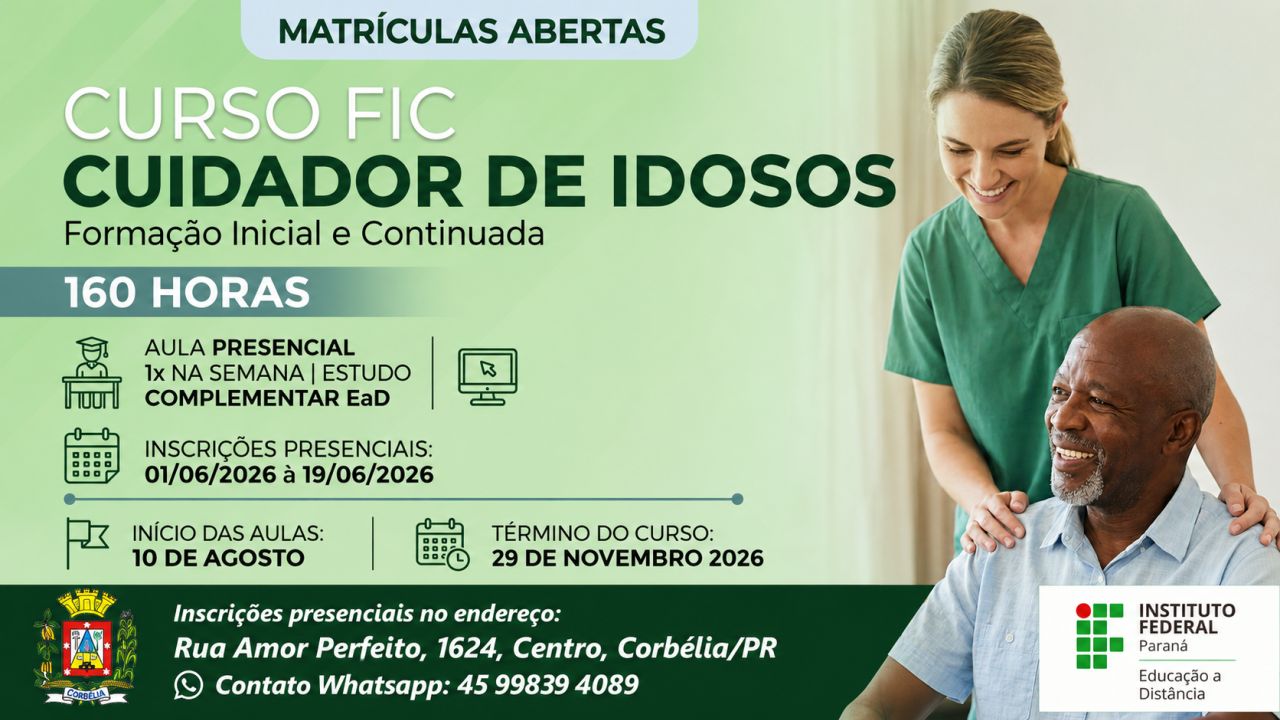 Curso gratuito de Cuidador de Idosos pode garantir qualificação profissional em Corbélia