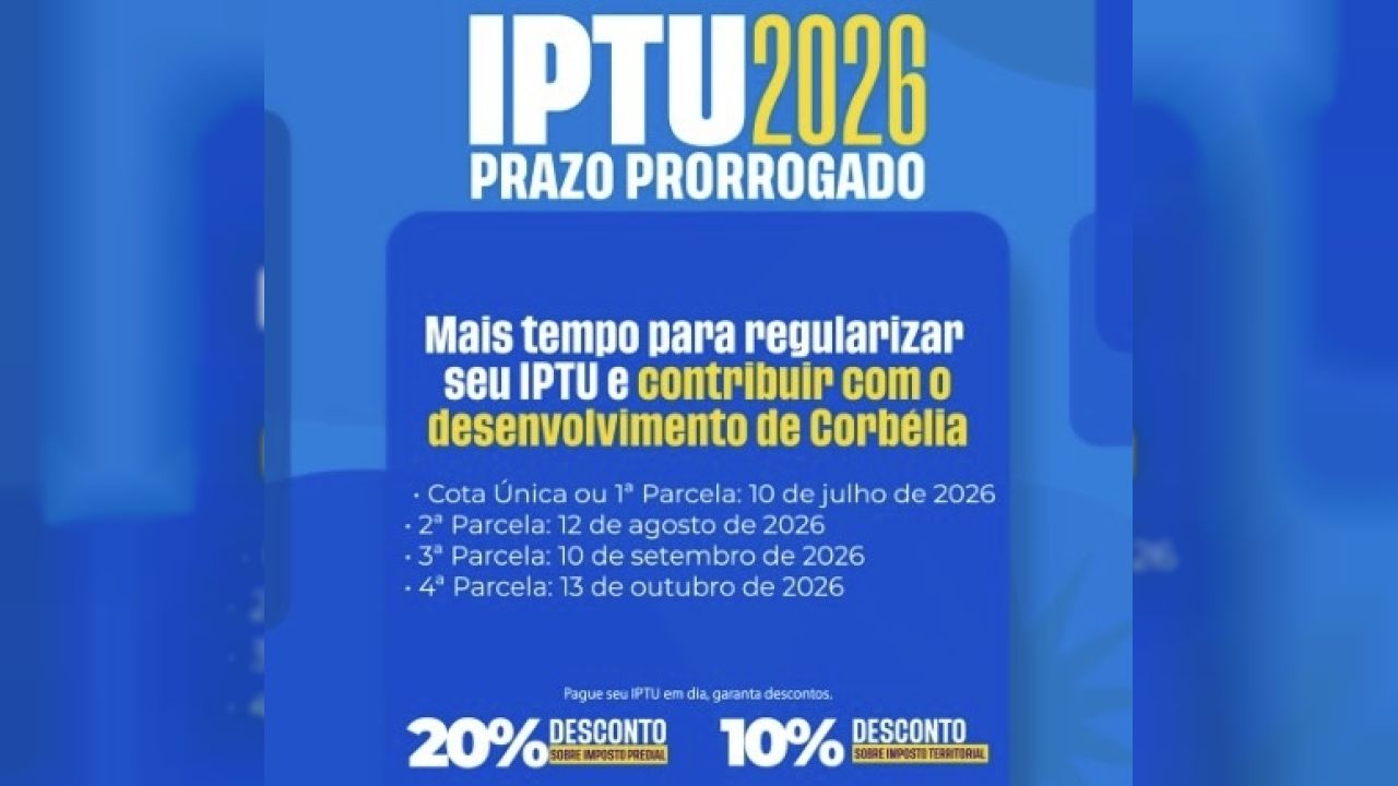 Prefeitura de Corbélia prorroga vencimentos do IPTU 2026