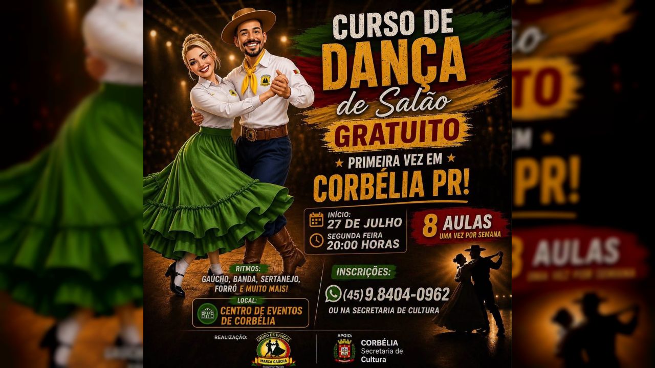 Curso gratuito de dança de salão chega pela primeira vez a Corbélia; inscrições já estão abertas