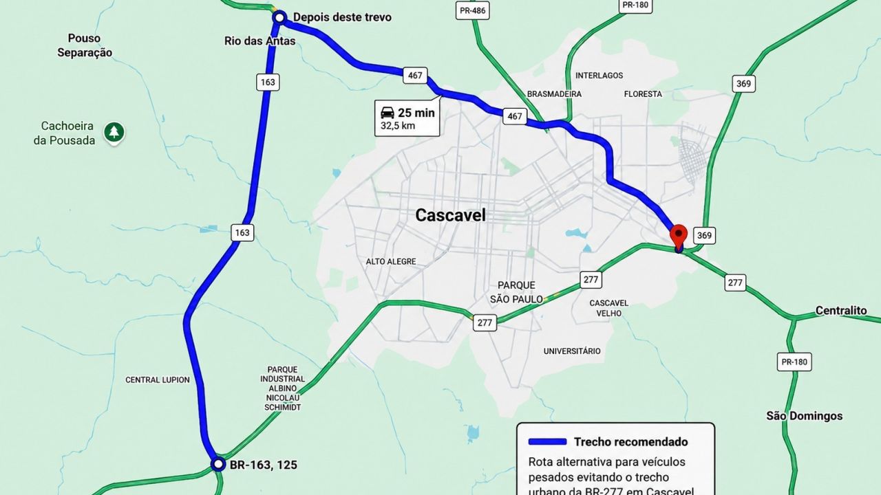 PRF orienta caminhoneiros a evitarem trecho urbano da BR-277 em Cascavel por causa de obras na trincheira
