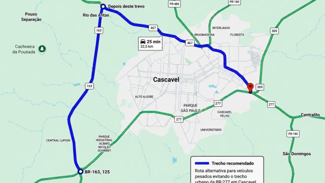 Imagem referente à notícia: PRF orienta caminhoneiros a evitarem trecho urbano da BR-277 em Cascavel por causa de obras na trincheira