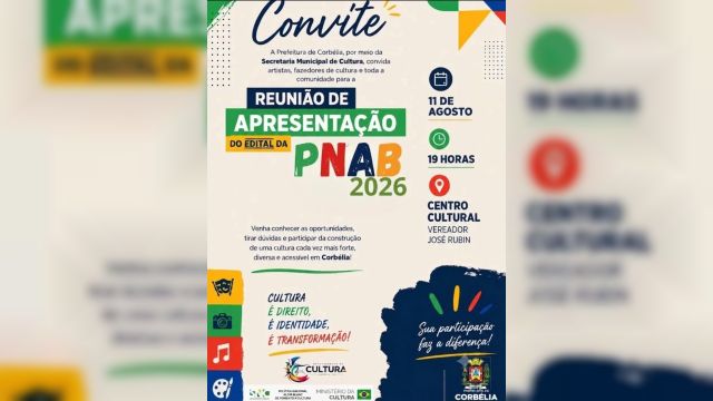 Imagem referente à notícia: Corbélia apresenta edital da PNAB 2026 para agentes culturais nesta terça-feira