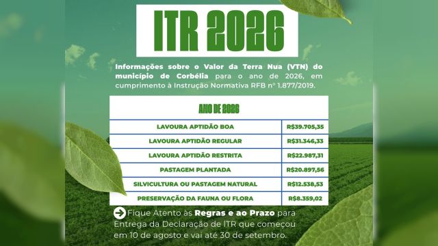 Imagem referente à notícia: ITR 2026 em Corbélia: valores do VTN são mantidos e produtores rurais já podem preparar a declaração