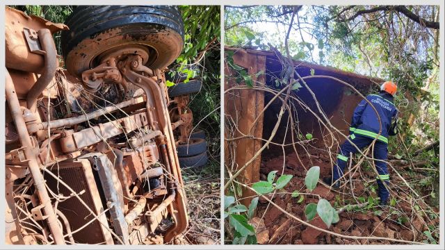 Imagem referente à notícia: Caminhão carregado com pedras tomba na PR-574 entre Cafelândia e Corbélia