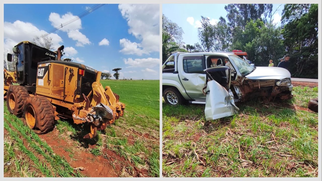 Colisão traseira entre Amarok e motoniveladora deixa motorista ferido na PR-573