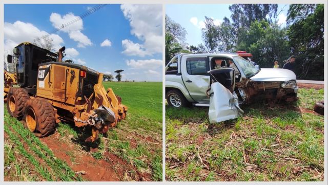 Imagem referente à notícia: Colisão traseira entre Amarok e motoniveladora deixa motorista ferido na PR-573