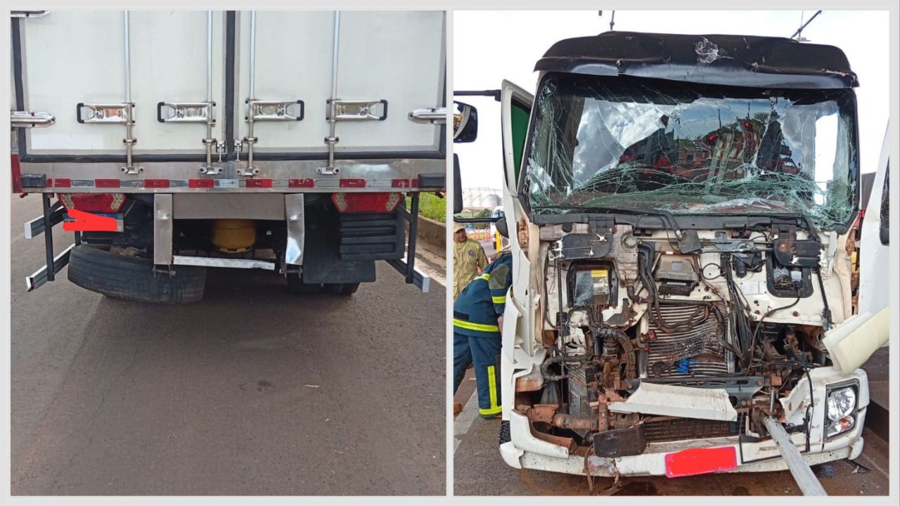 Colisão traseira entre caminhões deixa motorista ferido em Corbélia