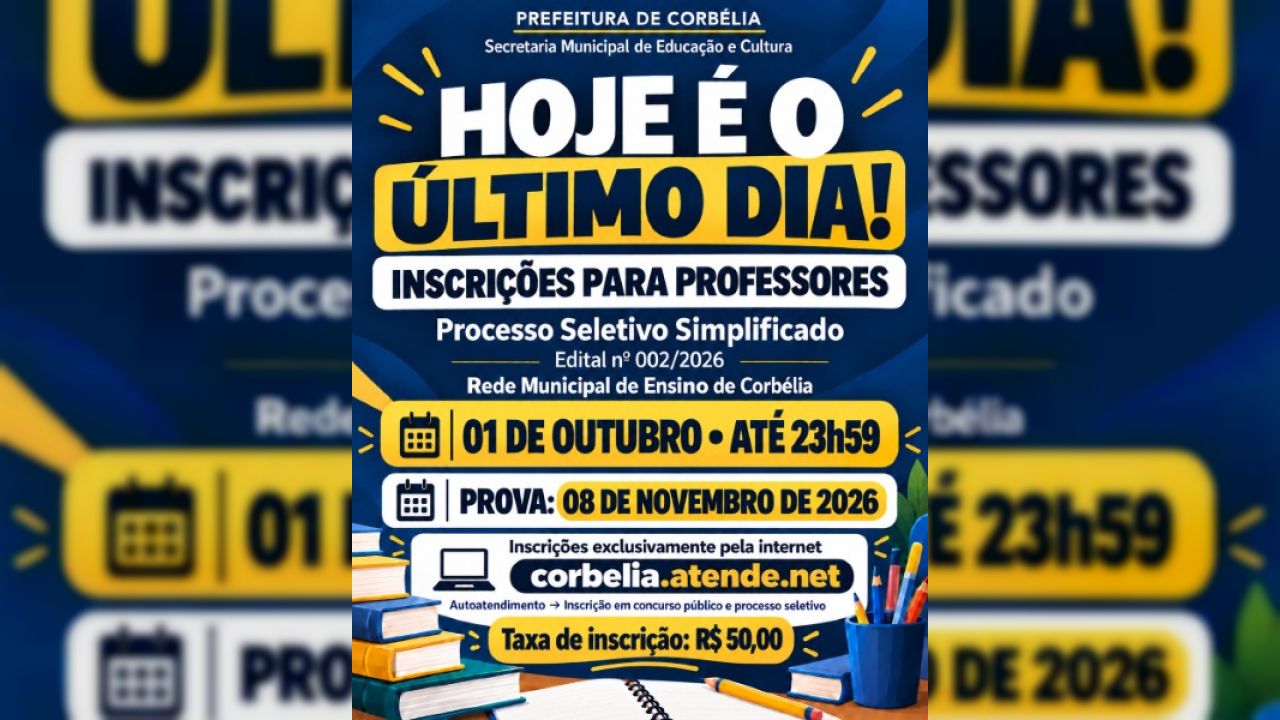 Inscrições para PSS de professores da rede municipal de Corbélia terminam nesta quinta-feira