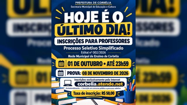 Imagem referente à notícia: Inscrições para PSS de professores da rede municipal de Corbélia terminam nesta quinta-feira