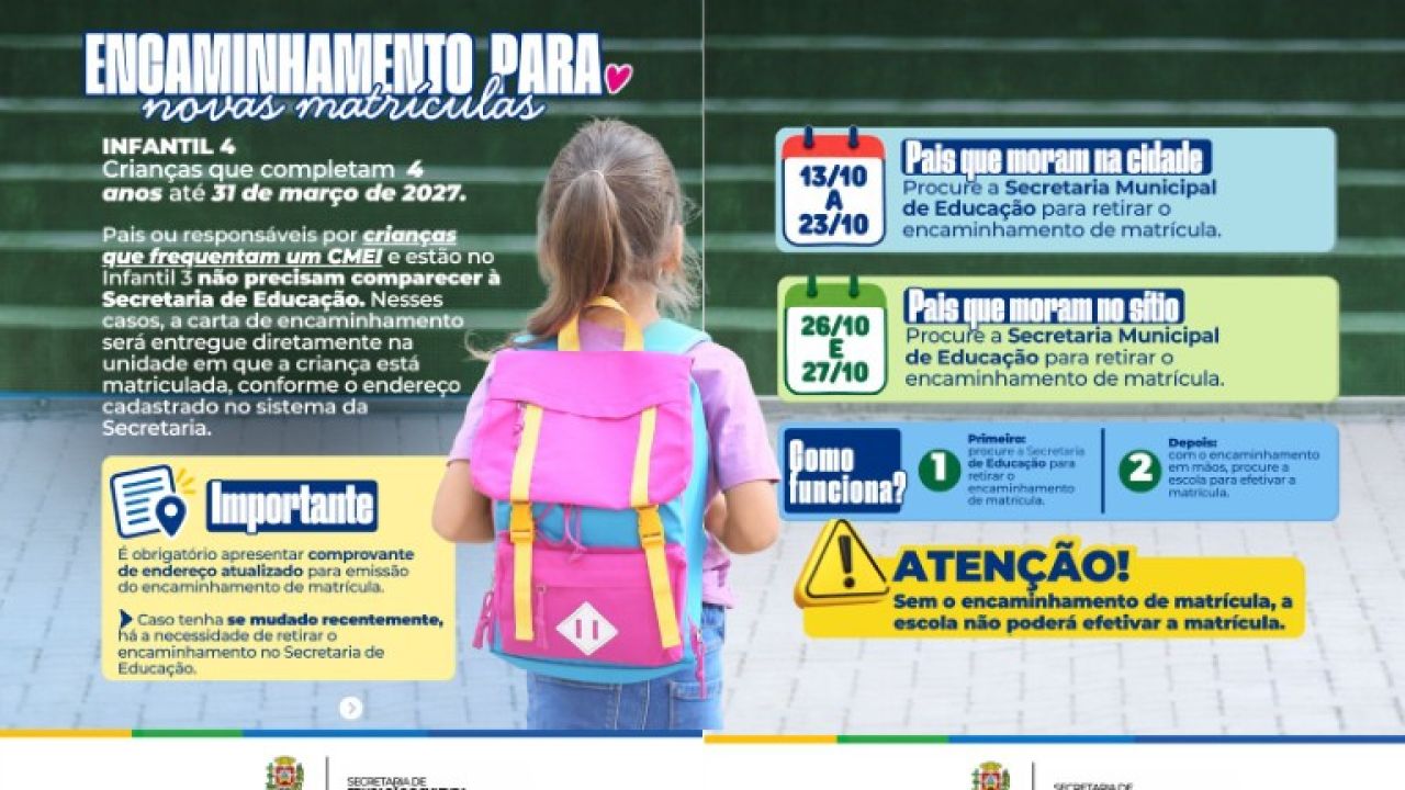 Secretaria de Educação orienta famílias sobre encaminhamento para matrículas do Infantil 4 em 2027