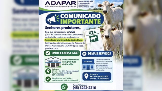 Imagem referente à notícia: Produtores rurais de Corbélia já podem emitir Guia de Trânsito Animal na Secretaria da Agricultura